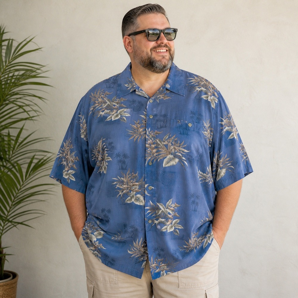 Pierre Cardin Mens 3X Blue Tropical Floral Rayon‎ Camp Shirt Short Sleeve